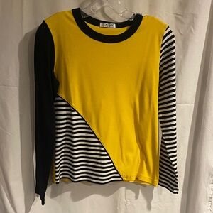 Chico's Yellow and Black Striped Crew Neck Sweater